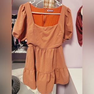 terracotta layered puff sleeve dress!!